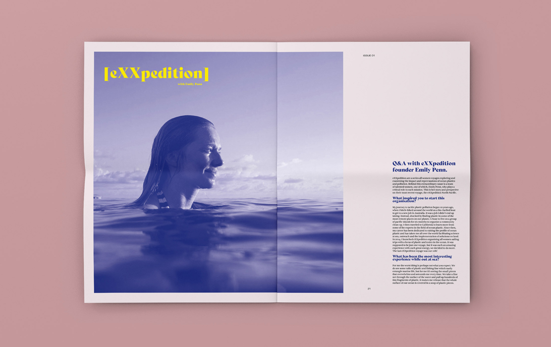 mock-up of newspaper publication spread featuring duotoned photograph of a person in the sea
