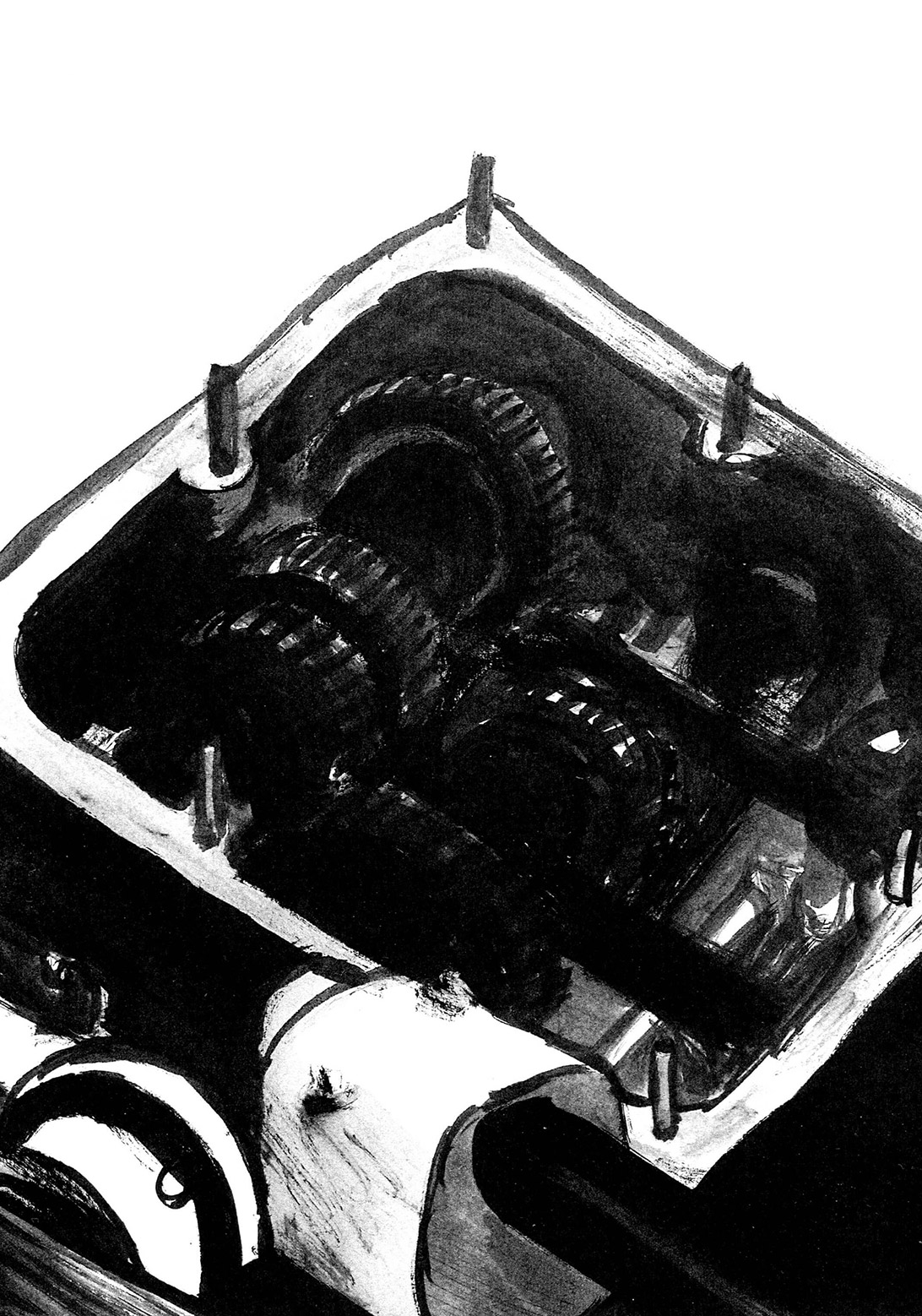 black and white ink drawing of a close-up of a car engine
