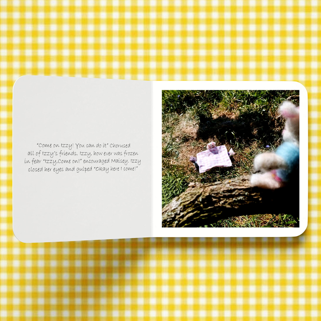 publication spread featuring a photograph of a felt animal doll up a tree