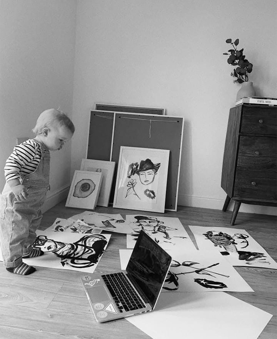 black and white photograph of toddler