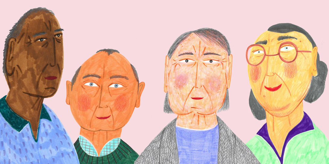 illustration of faces on an elderly care ward