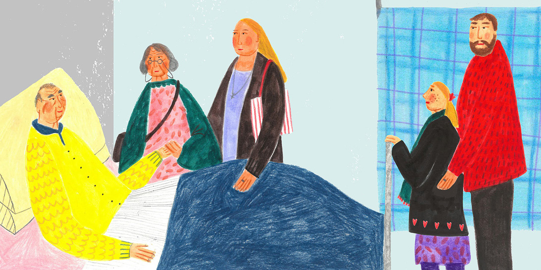 illustrations of patient and visitors on an elderly care ward