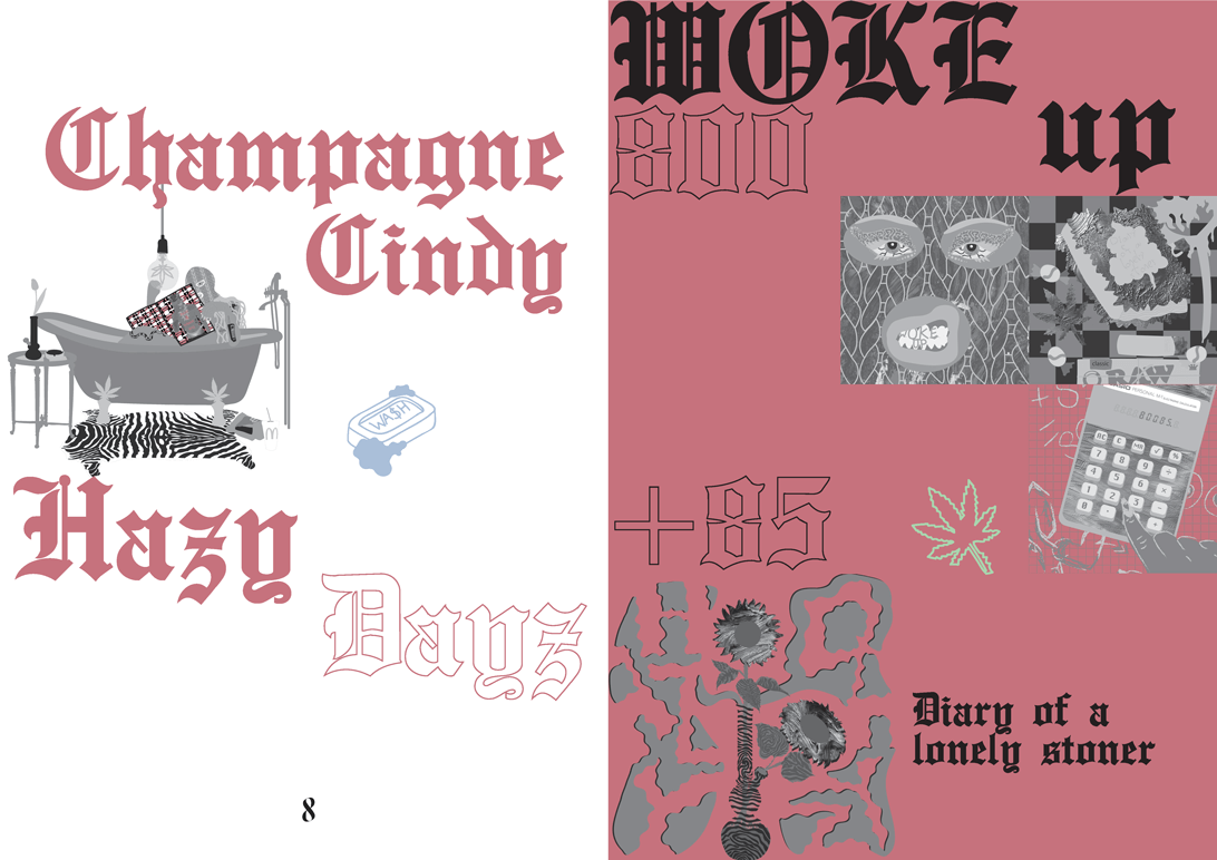 illustrated magazine spread featuring black letter typography