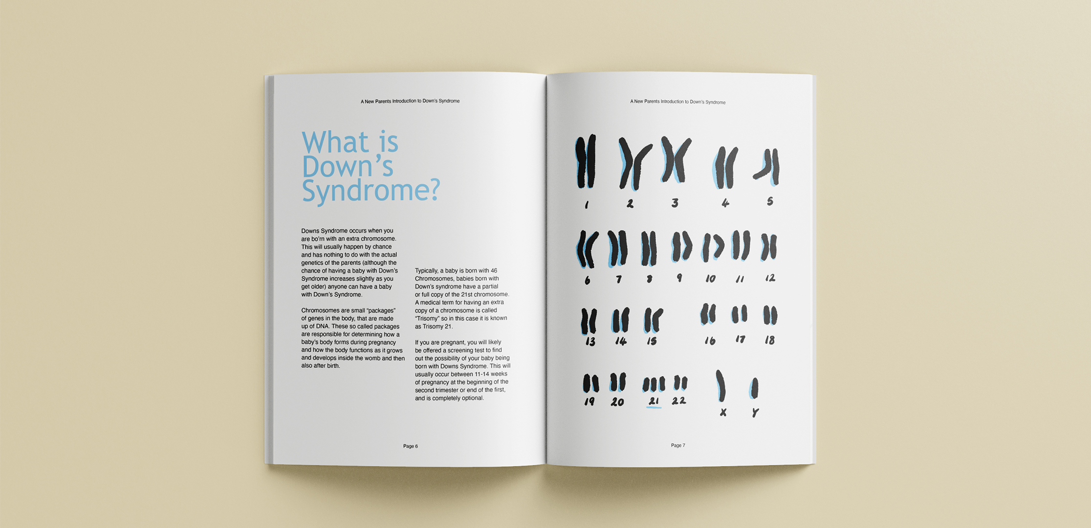 Mock-up print publication spreads featuring illustrations of chromasomes and text