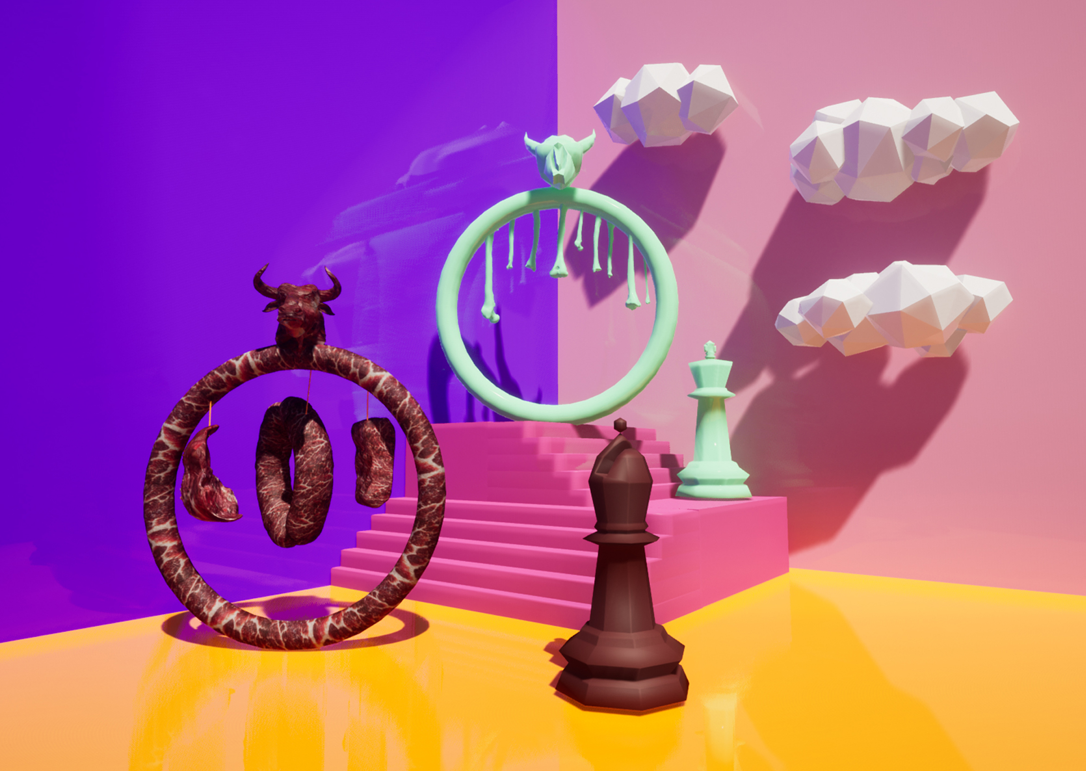 3d digitally modelled and rendered scene featuring chess pieces, salami and clouds