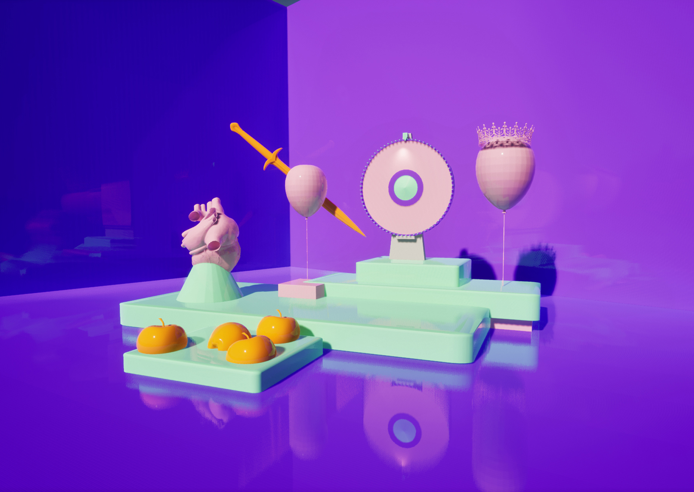 3d digitally modelled and rendered scene featuring apples, balloons, a spear and a heart