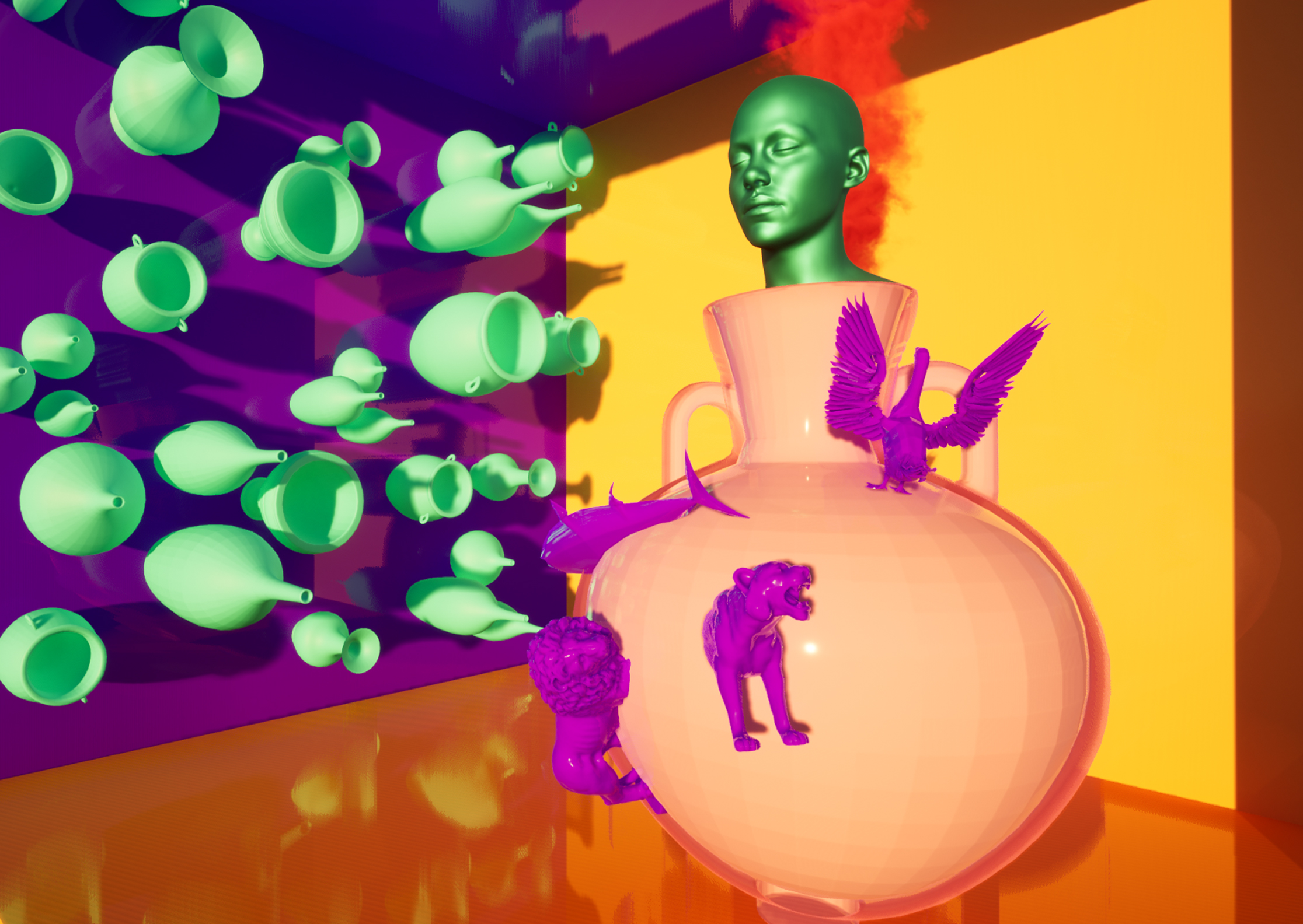 3d digitally modelled and rendered scene featuring muliple vases, a head and several animals
