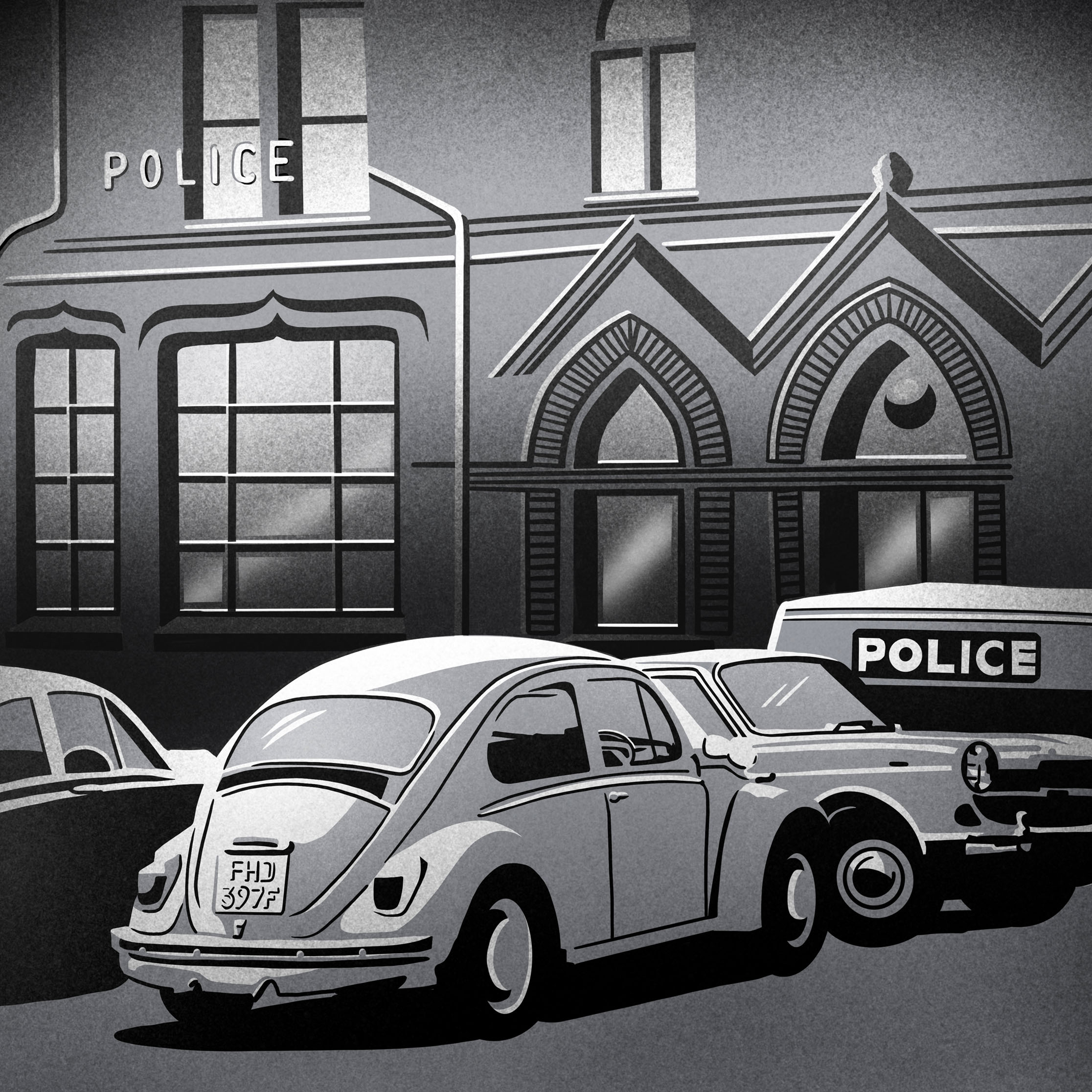 Illustration artwork of cars parked outside of a police station