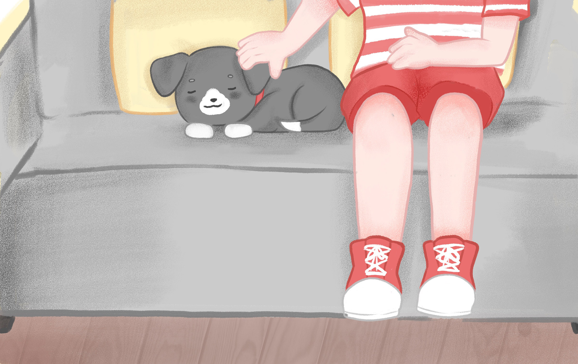 Children's picture book illustration featuring a child's feet and a dog sat on a sofa