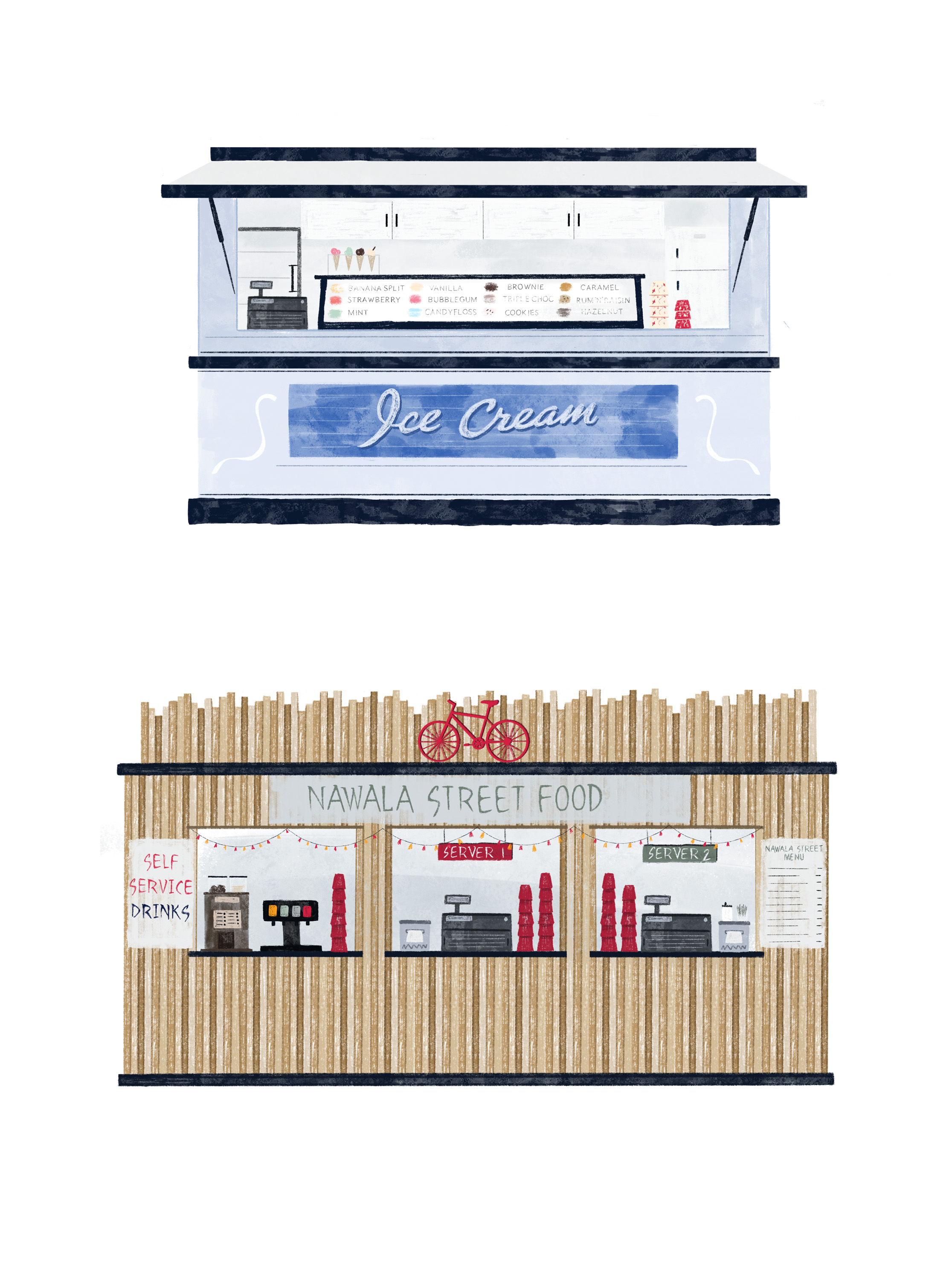 Illustration artwork of an ice-cream and streetfood stalls