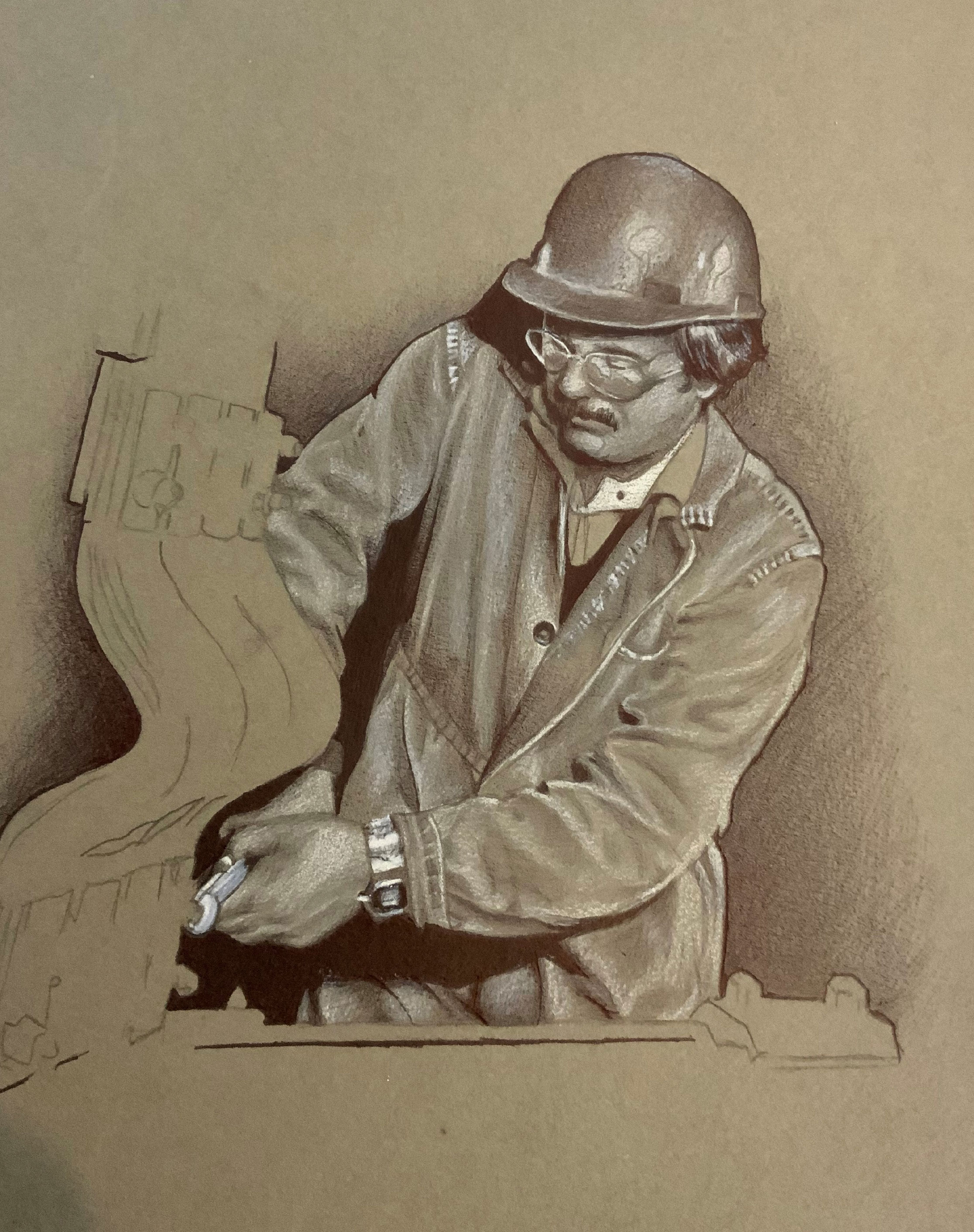 Drawing of a man working in a power station