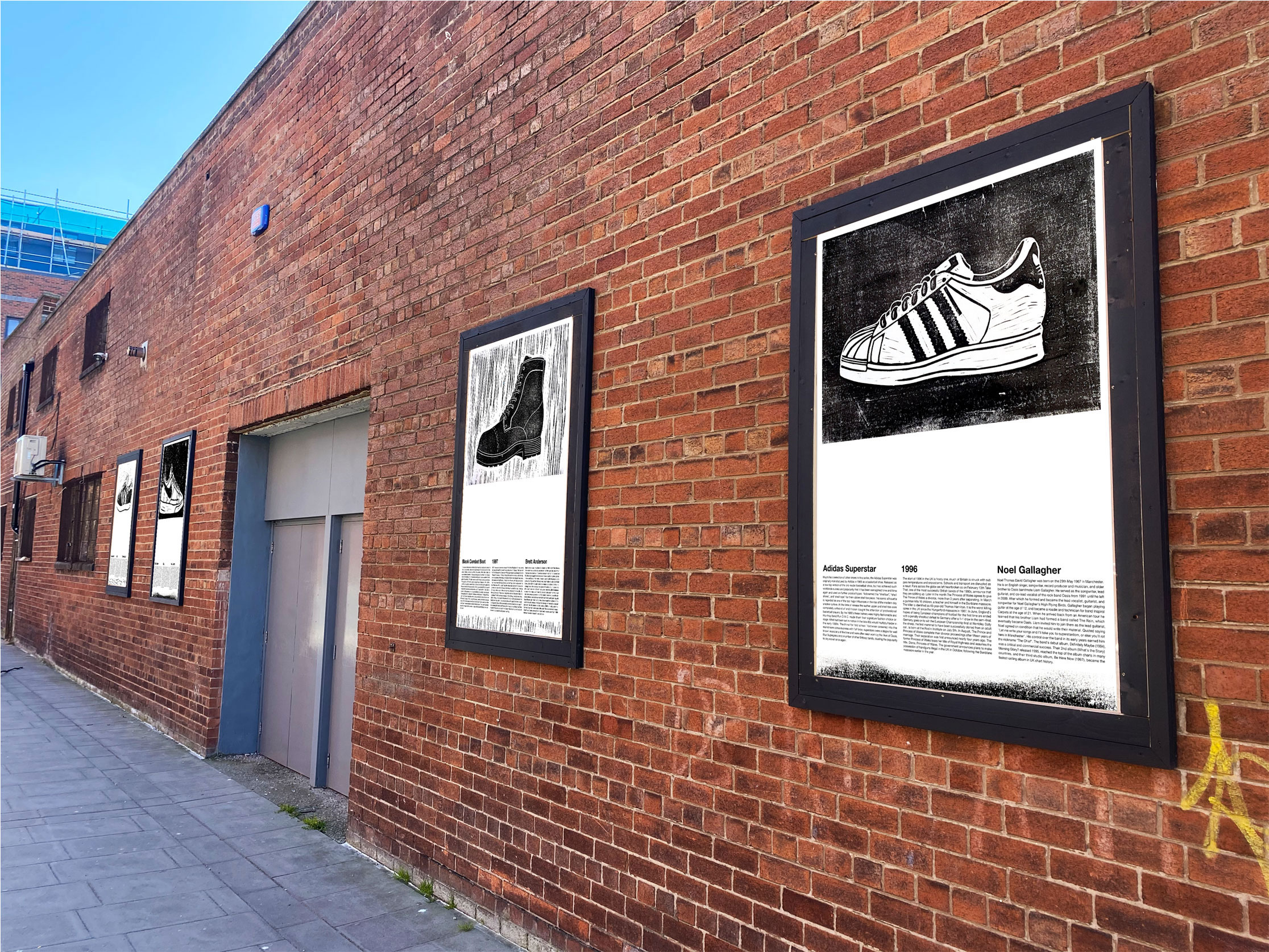 Mock-up photograph, series of poster in situe, featuring linocut print of trainers
