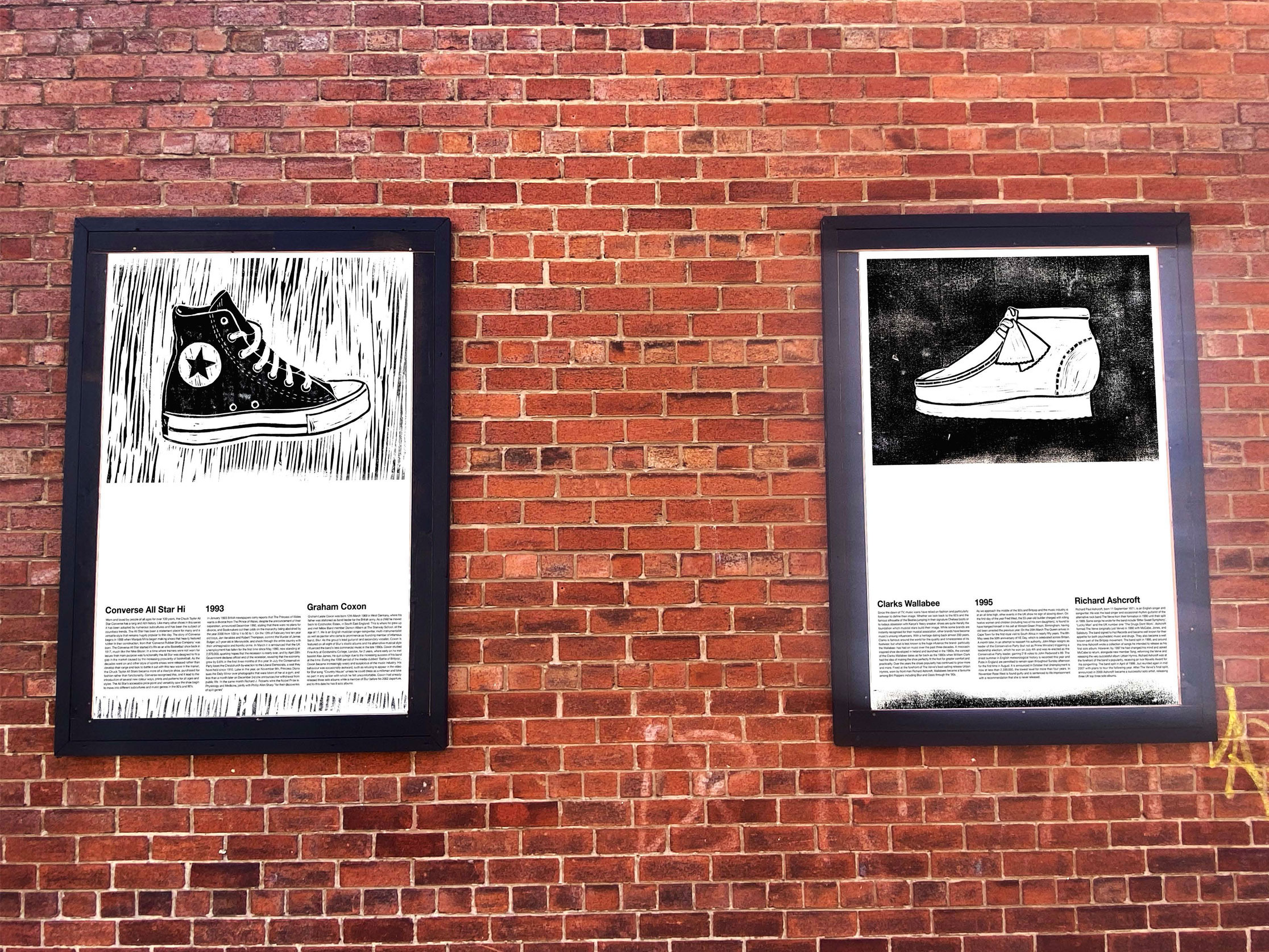Mock-up photograph, poster in situ, linocut prints of Converse Allstars and Clarks Wallabees
