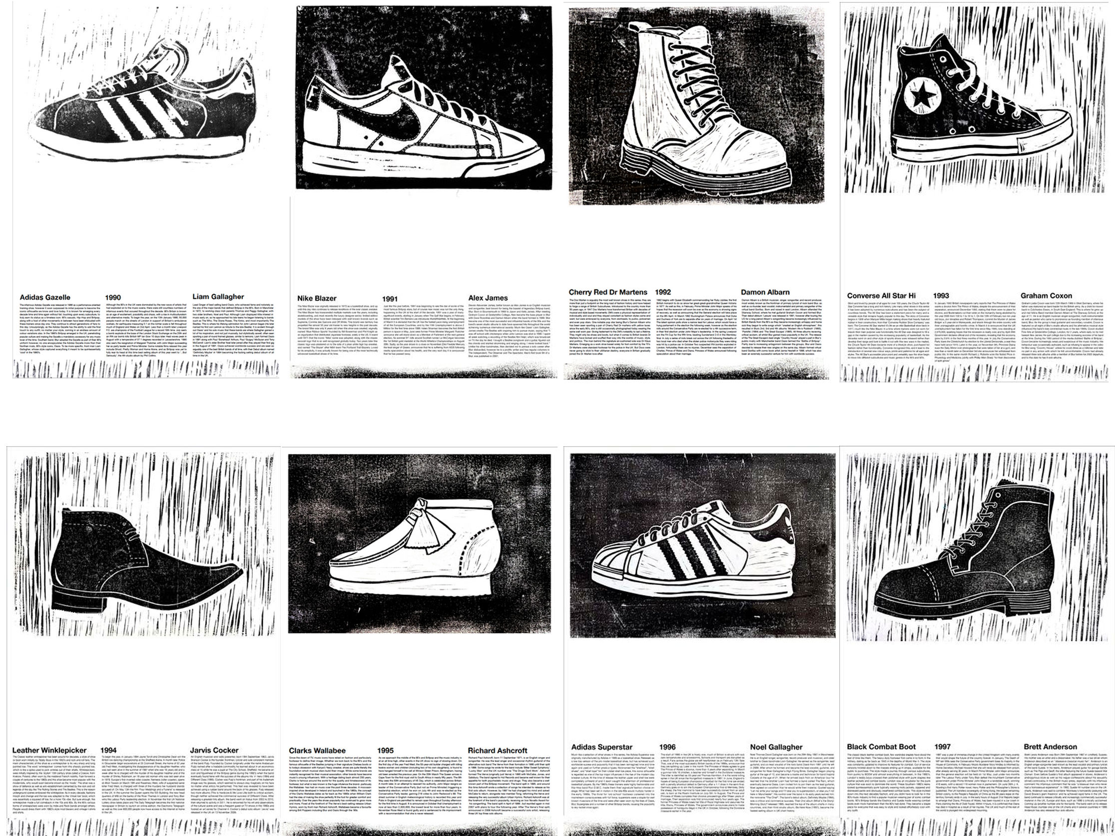 Artwork of series of 6 posters featuring linocut print of trainers and shoes