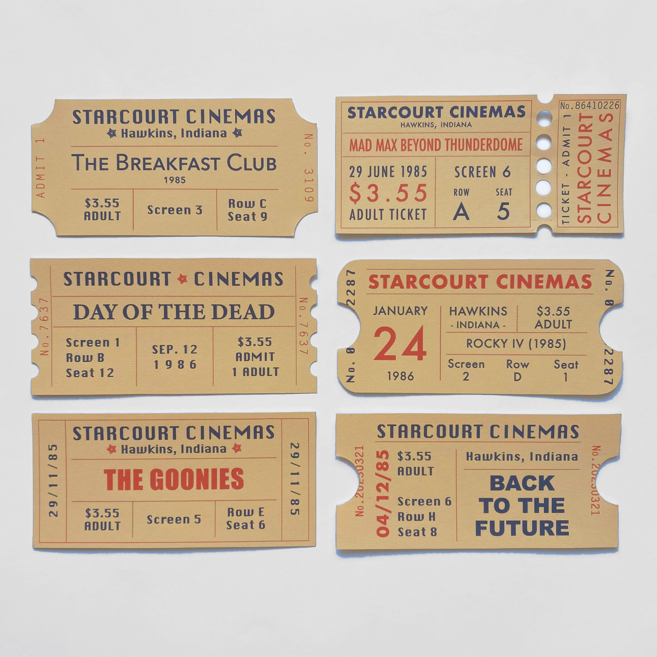 Mock-up photograph, 6 cinema ticket prop designs