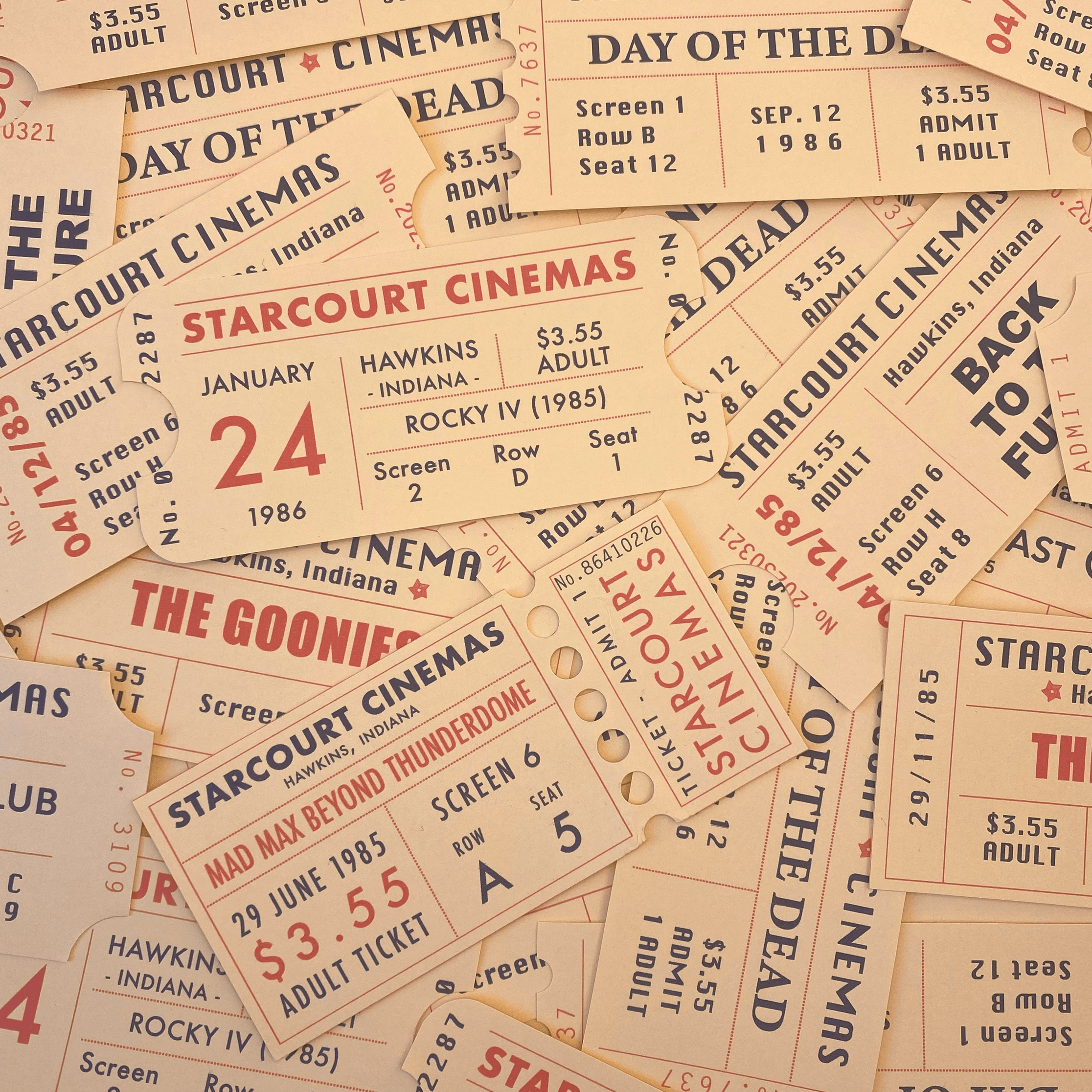 Mock-up photograph, lots of cinema ticket designs