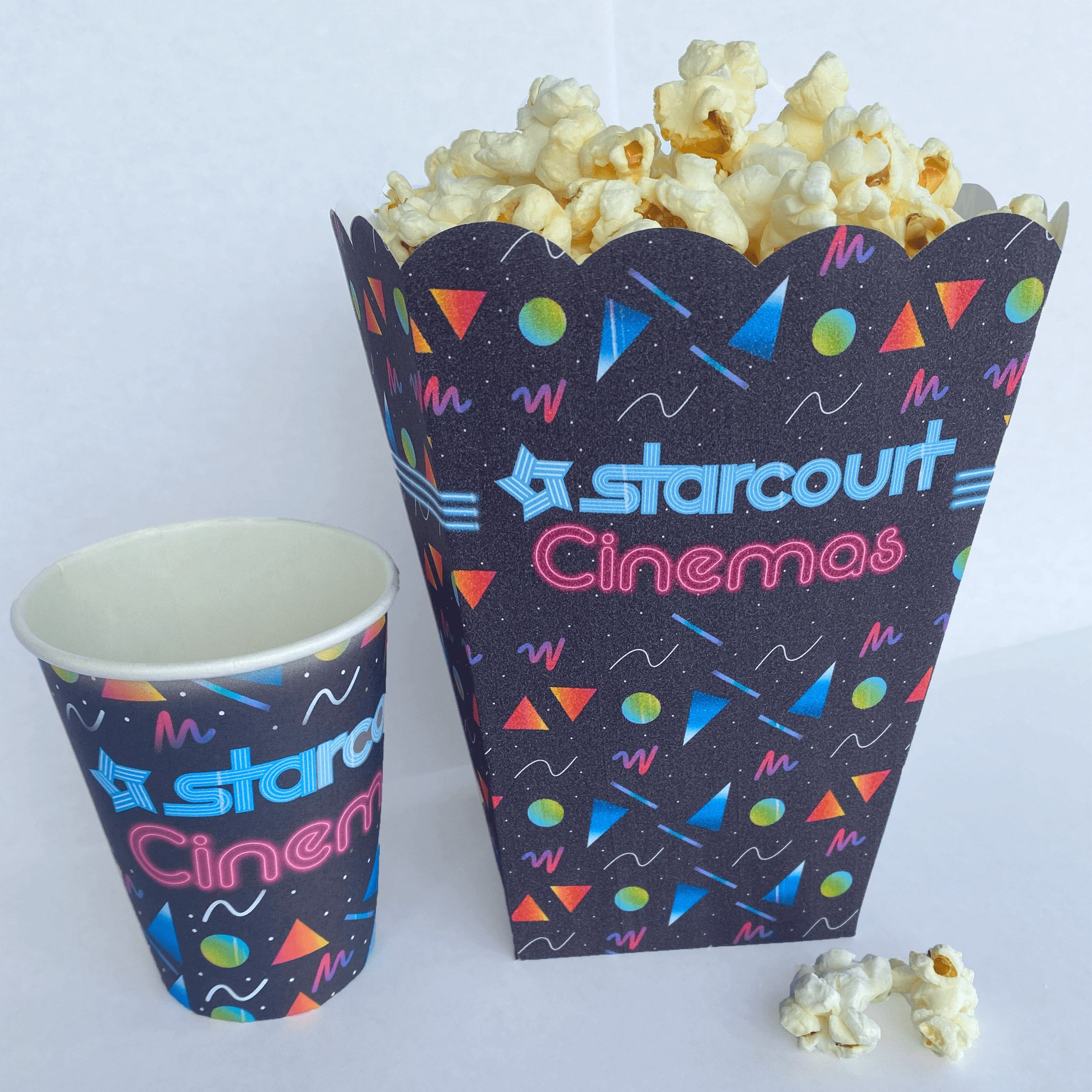 Mock-up photograph, cinema pop corn and drinks packaging prop designs