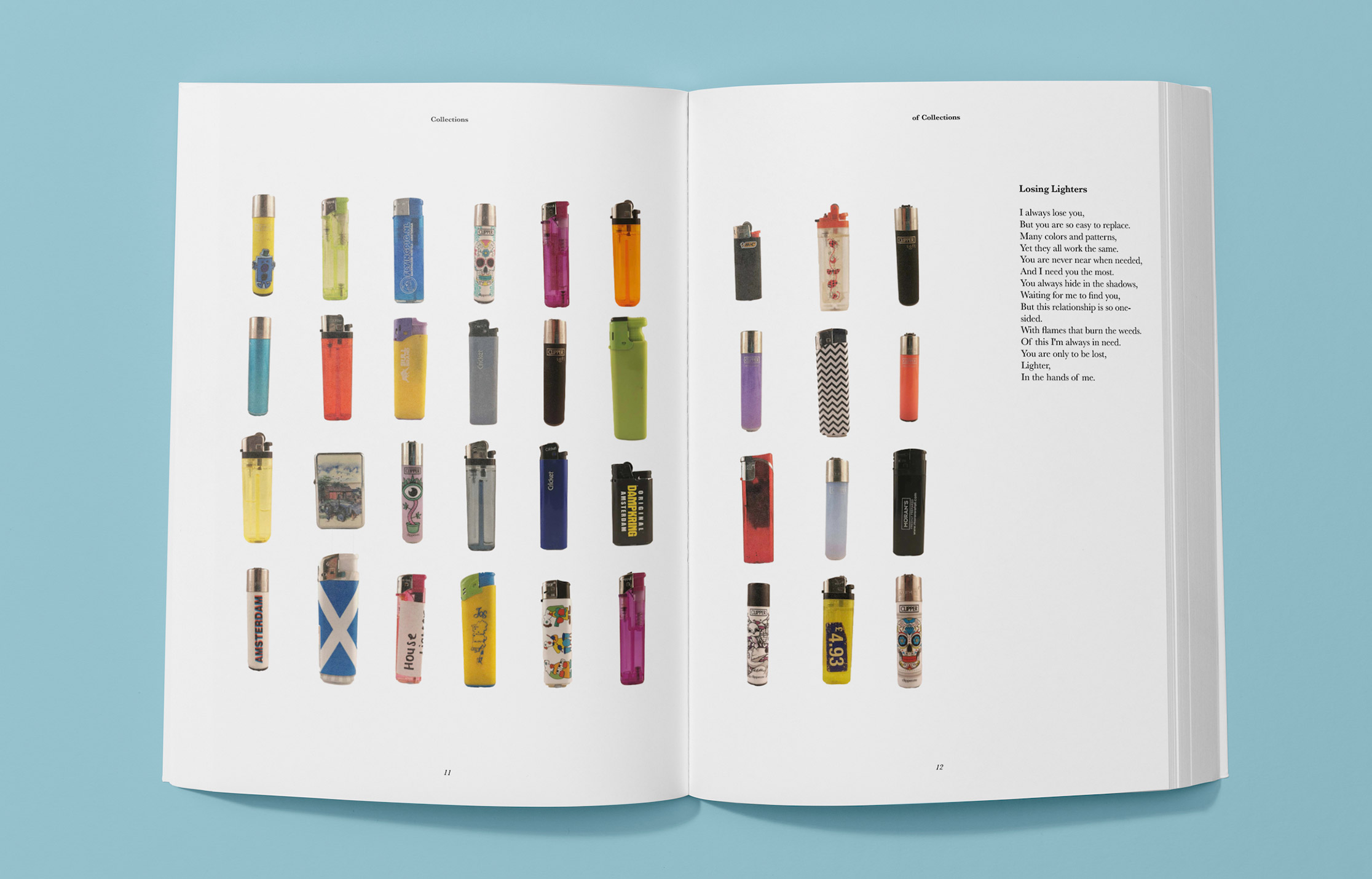 Mock-up print publication spreads featuring a collection of lighters