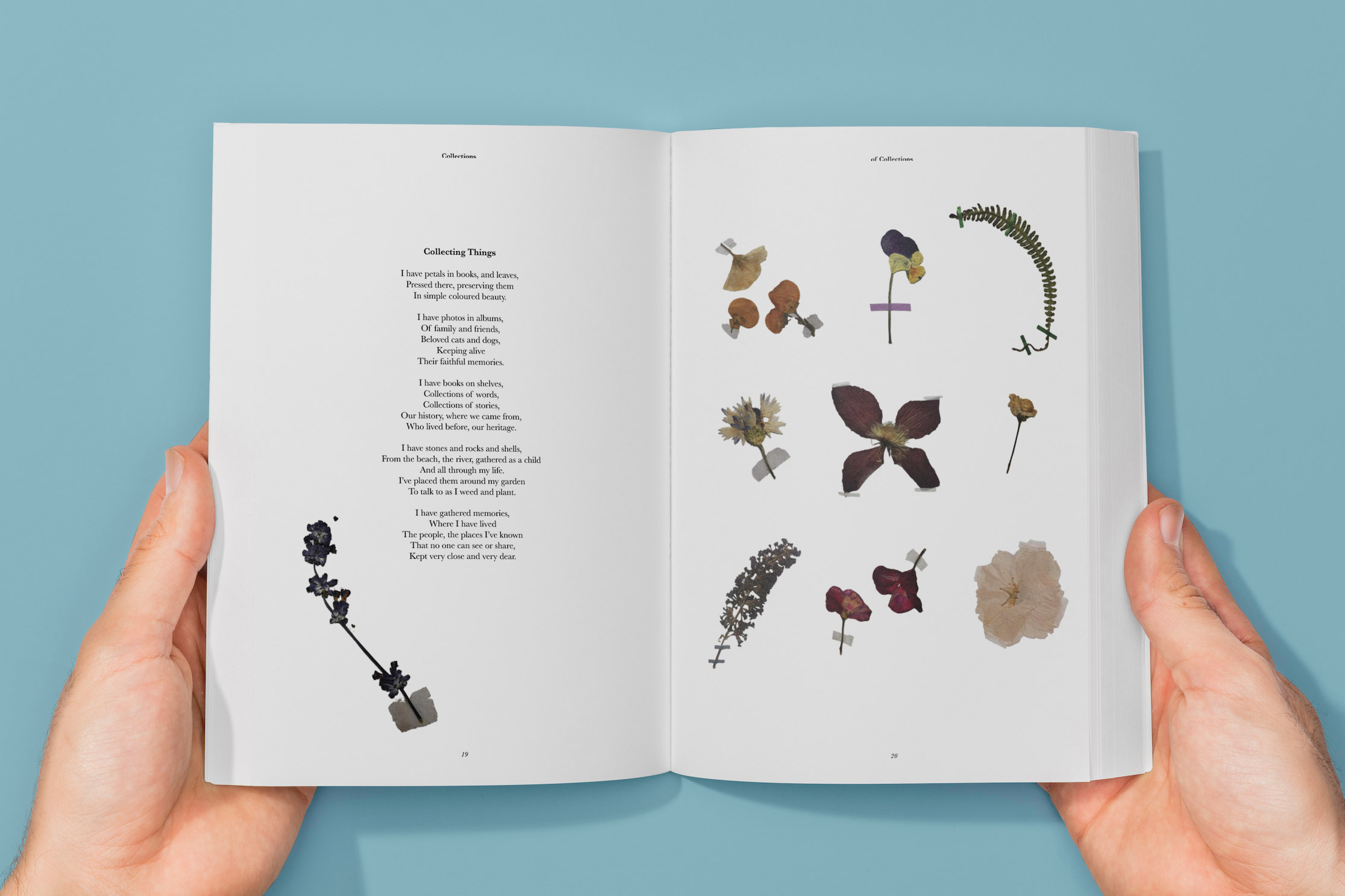 Mock-up print publication spreads featuring a poem about collecting