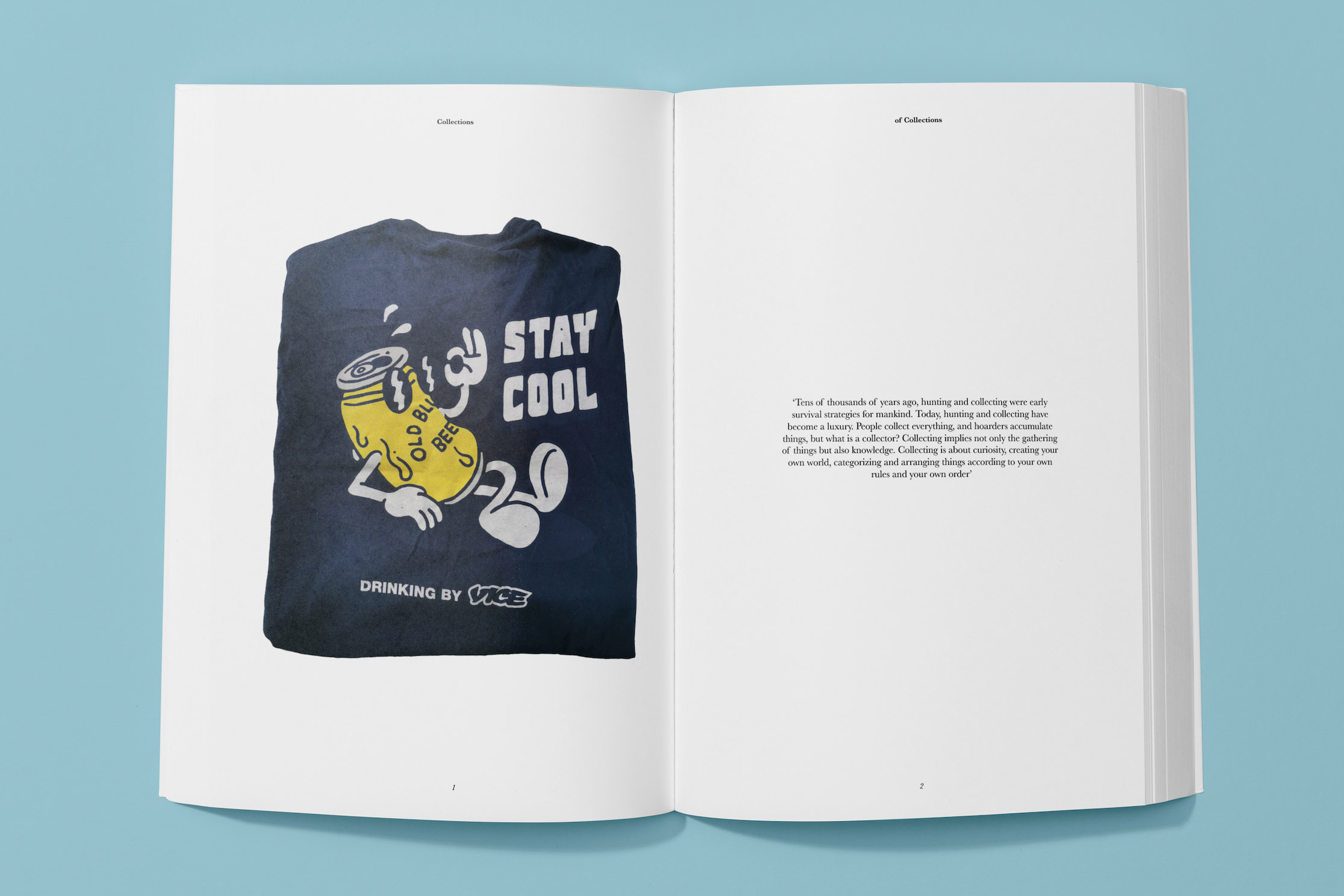 Mock-up print publication spreads featuring a photograph of a t-shirt