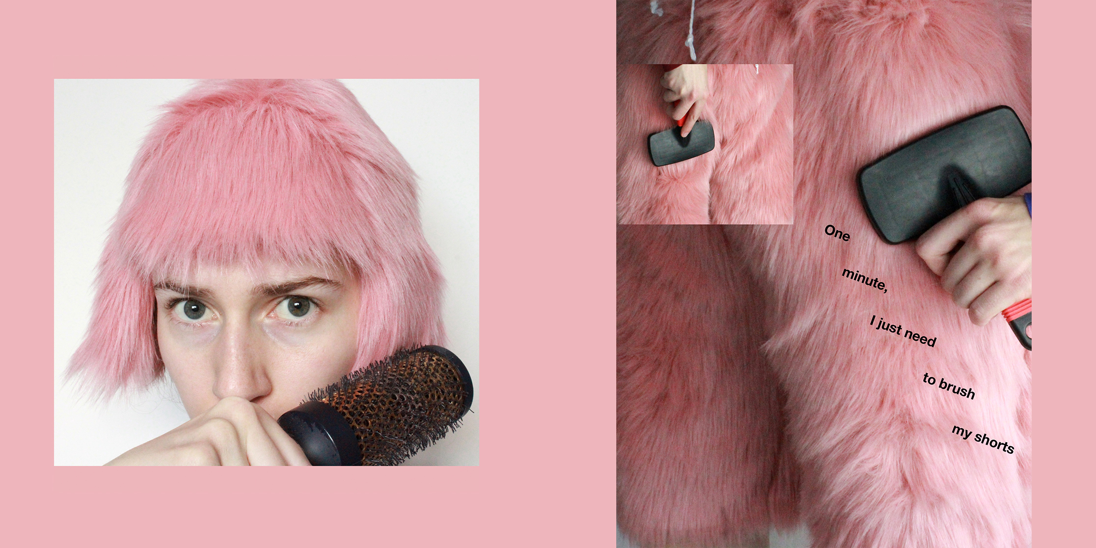 Photographs of character dressed in fake fur bodysuit brushing themselves