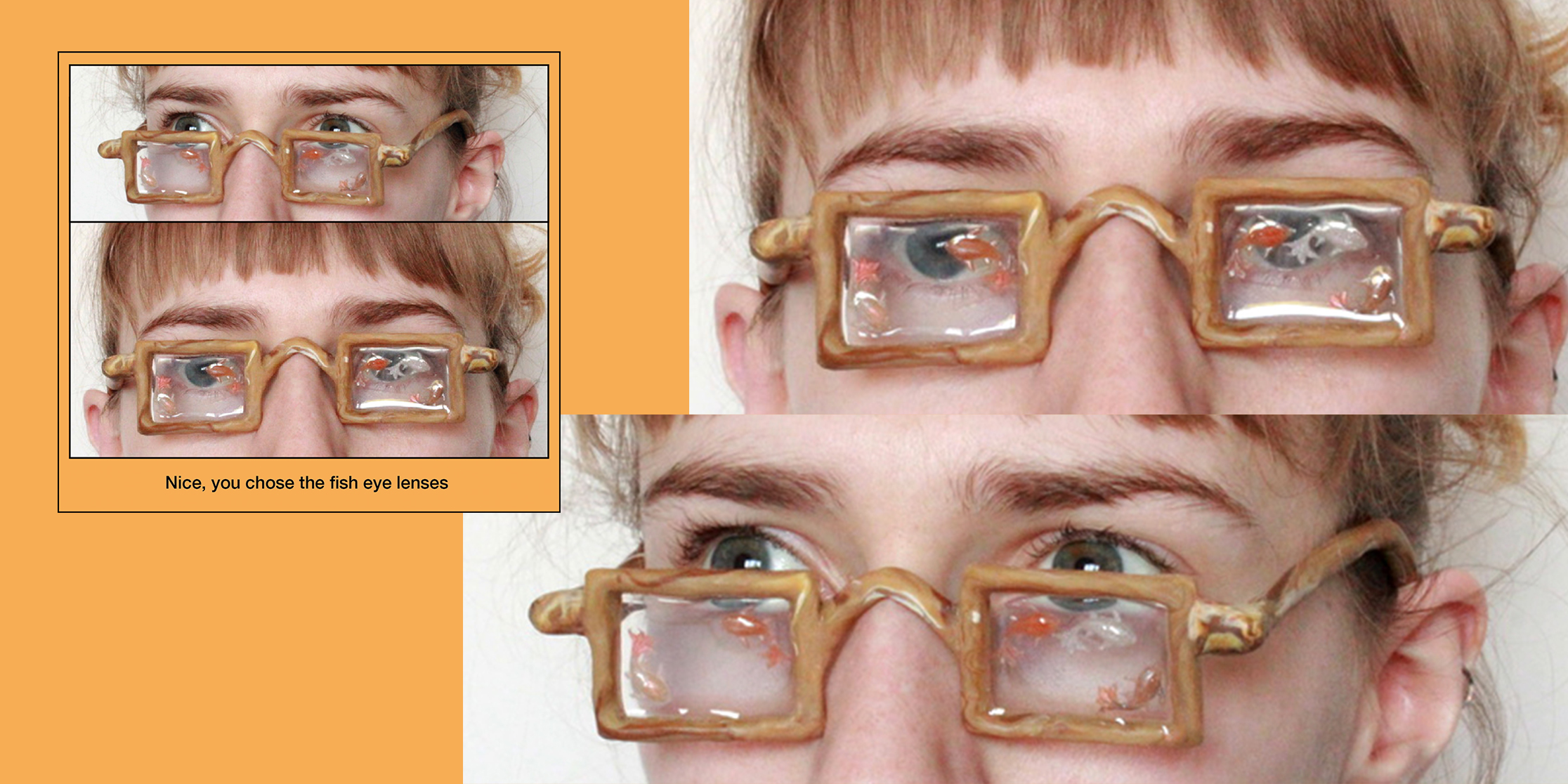 Photographs of someone wearing glasses with fish swimming in the lenses