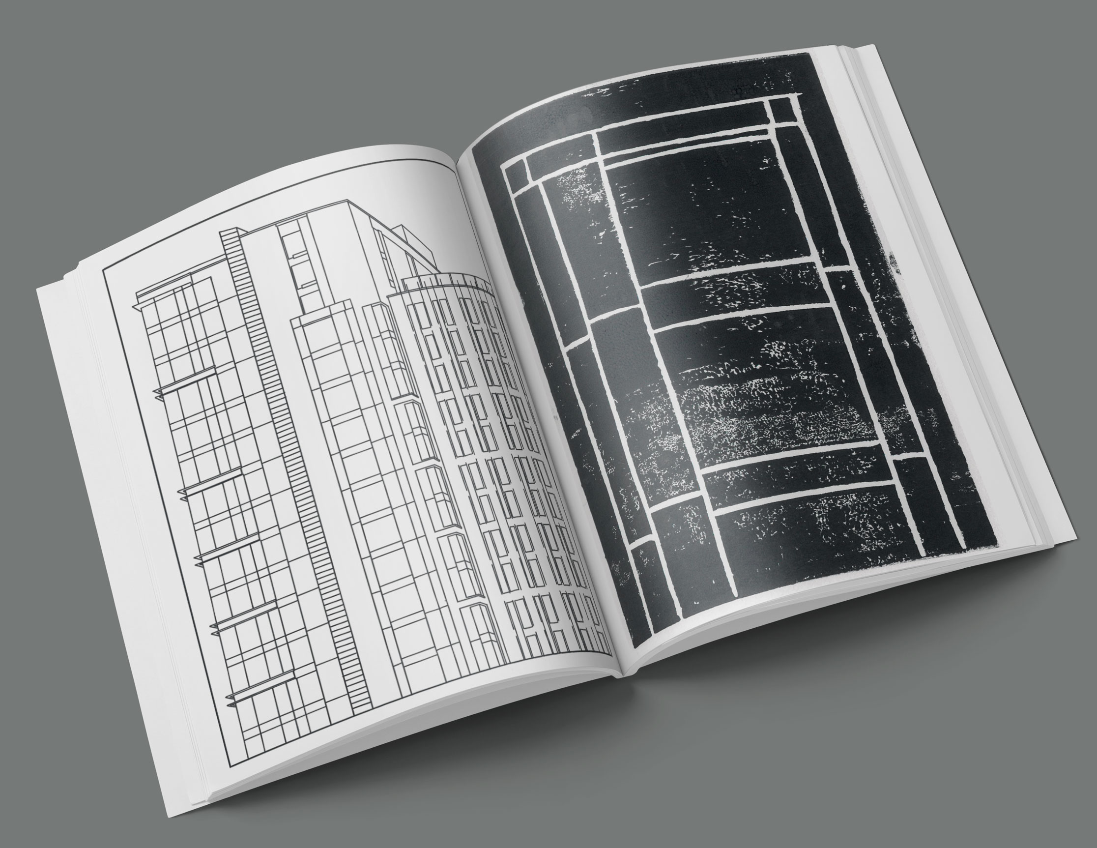 Mock-up of publication, showing spread artwork, architectural line drawing