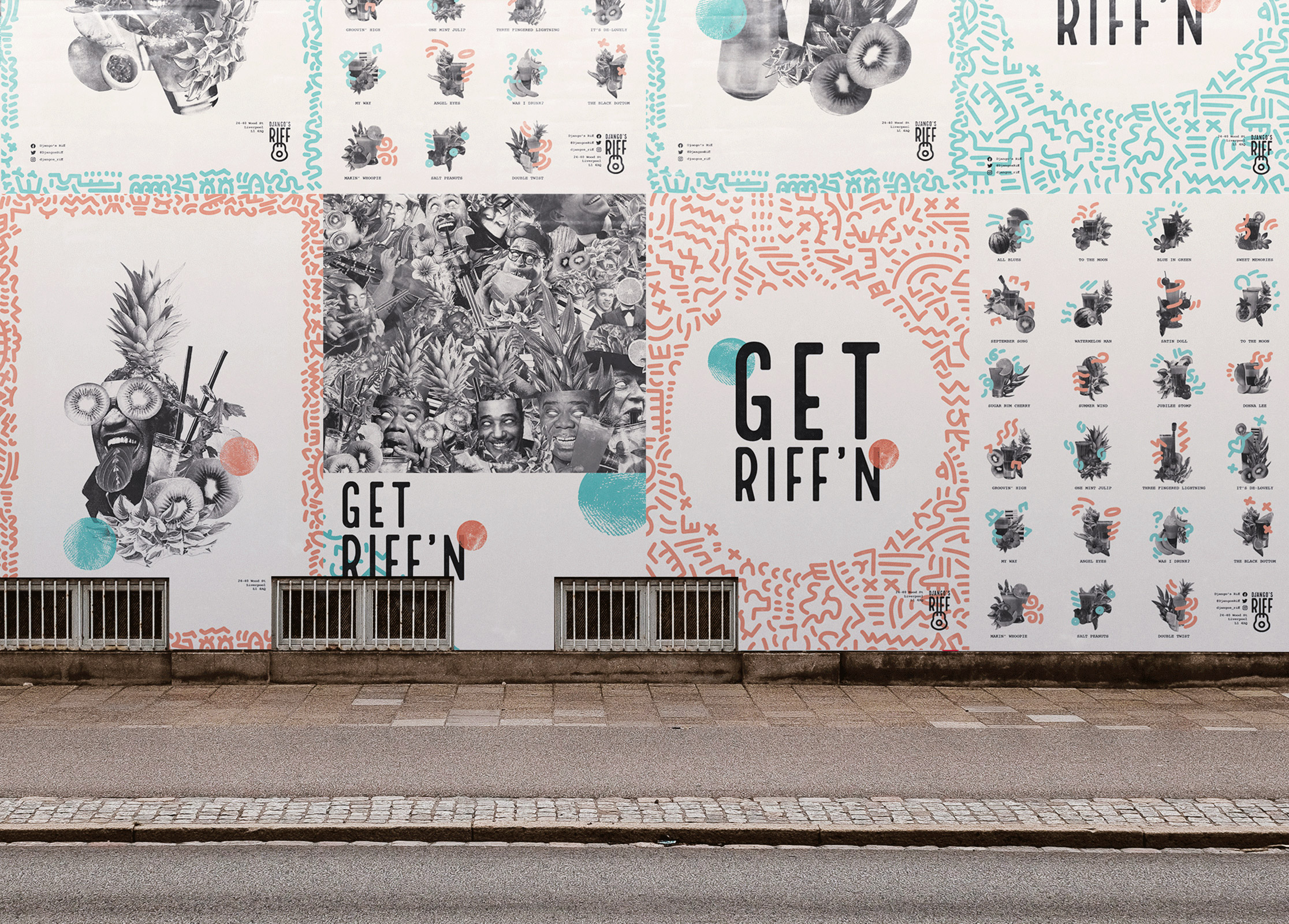 Mock-up photograph of a variety of flyposters pasted up on a wall
