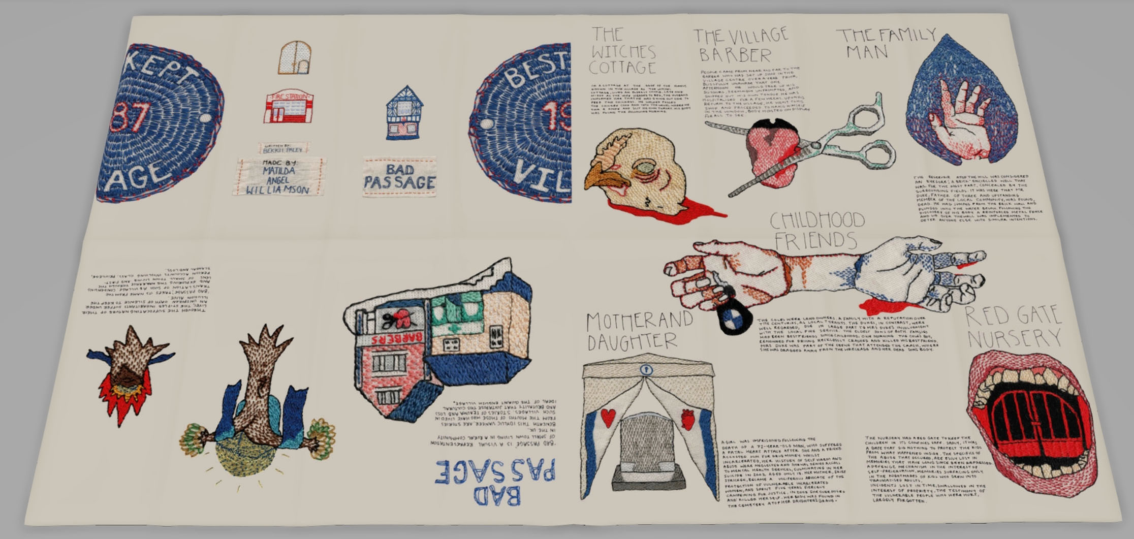 Photograph of fold-out poster featuring embroidered illustrations