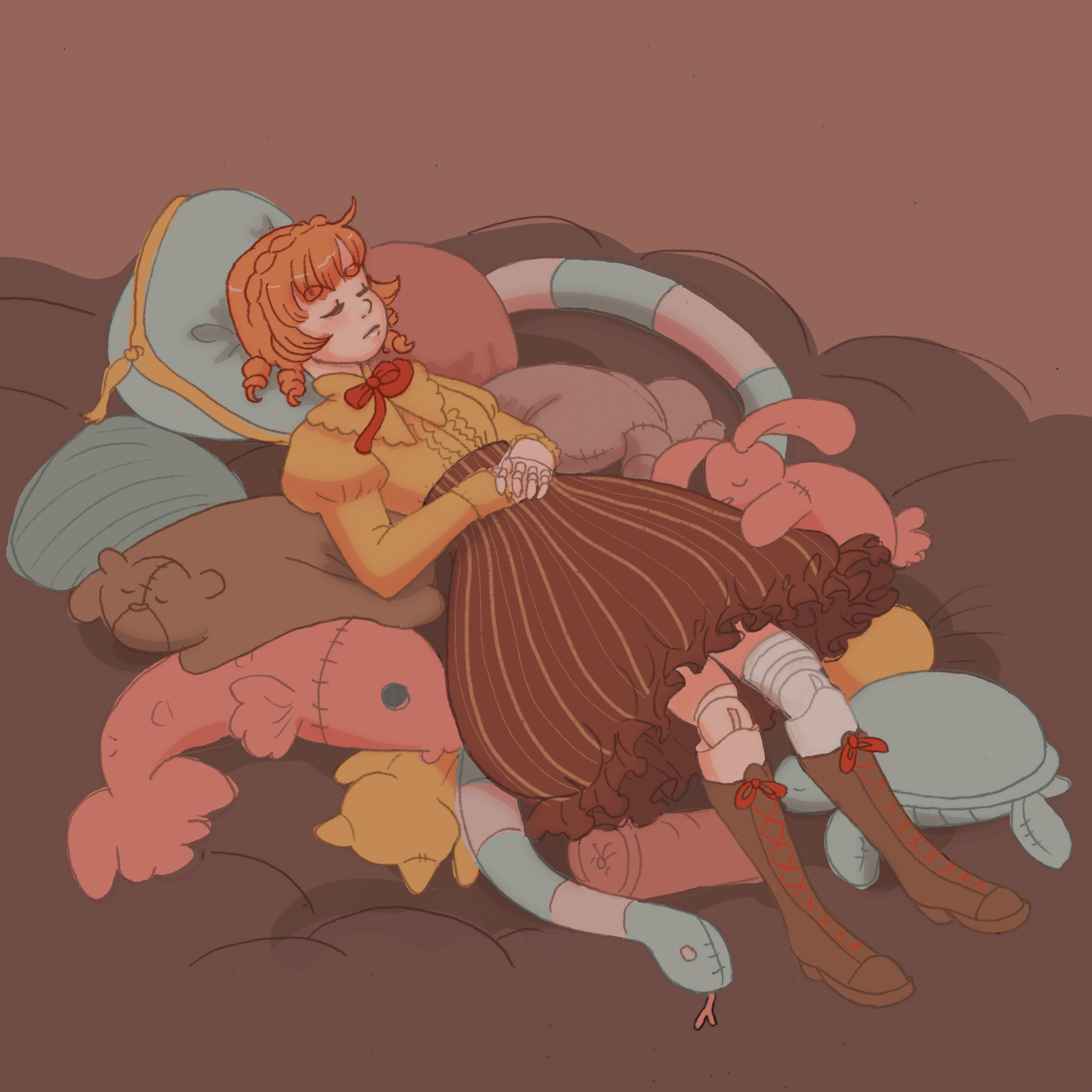 Illustration artwork of a character sleeping on a bed of soft toys