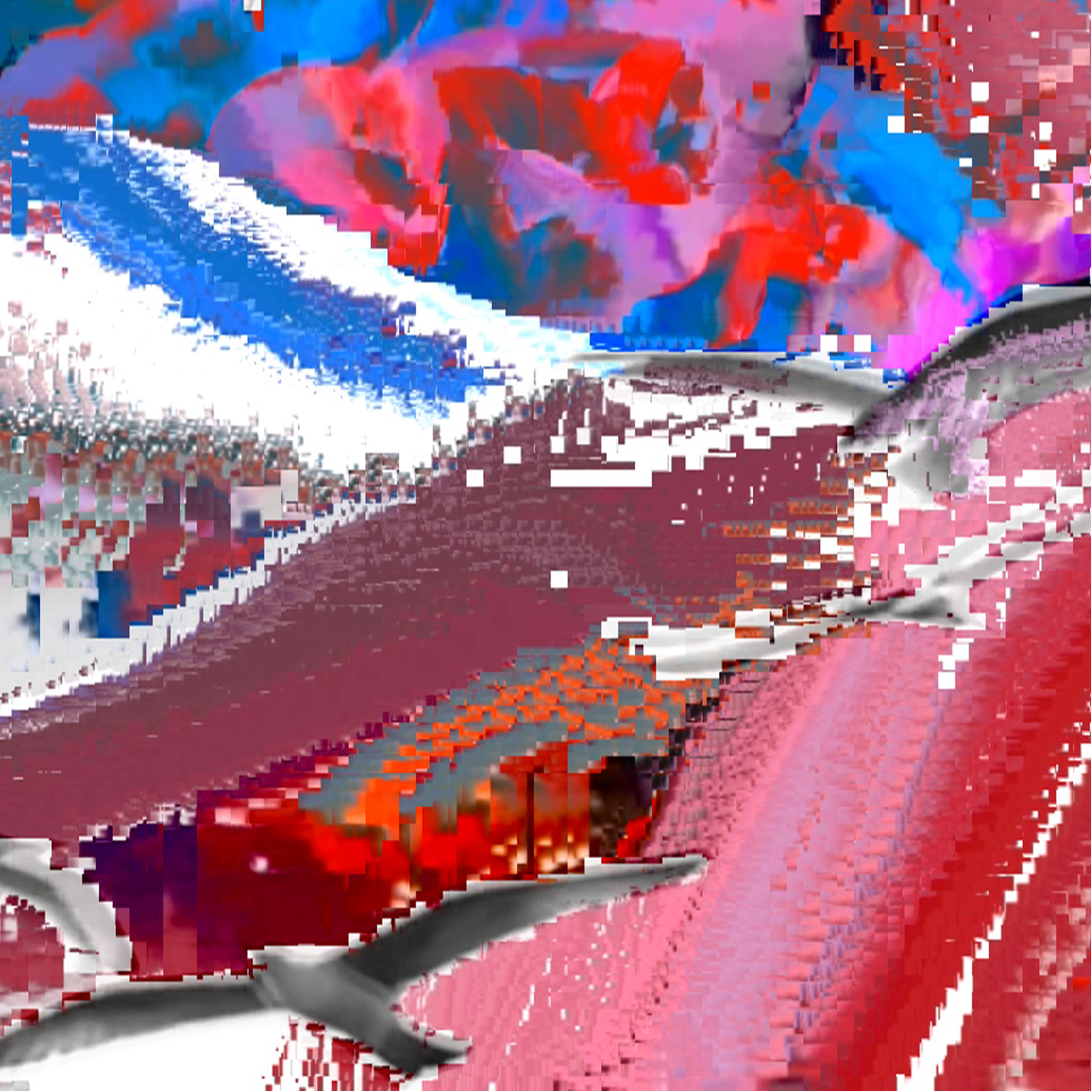 Detail from the digital film showing a bird in flight against a pixelated background