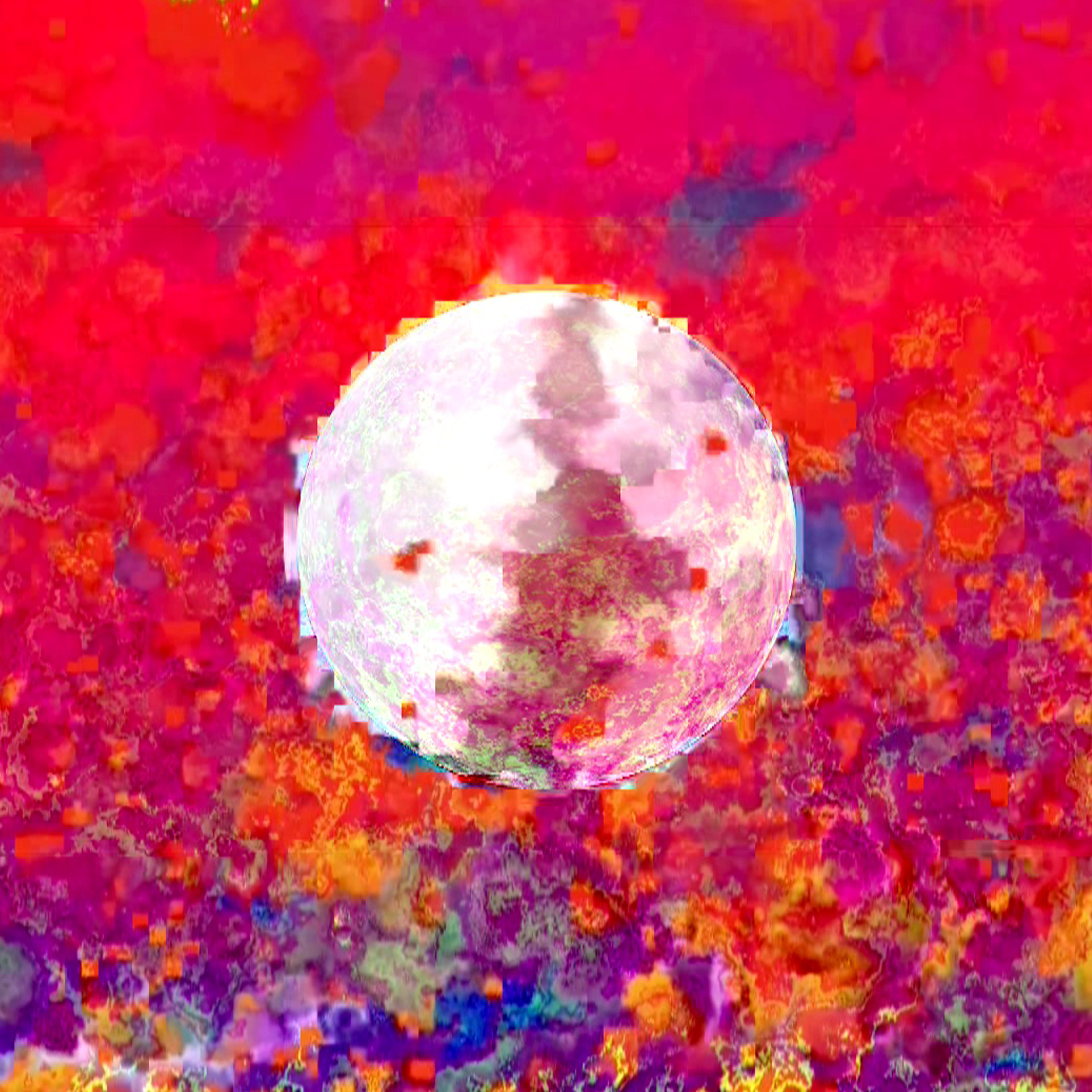 Detail from the digital film showing a pixelated image of a globe