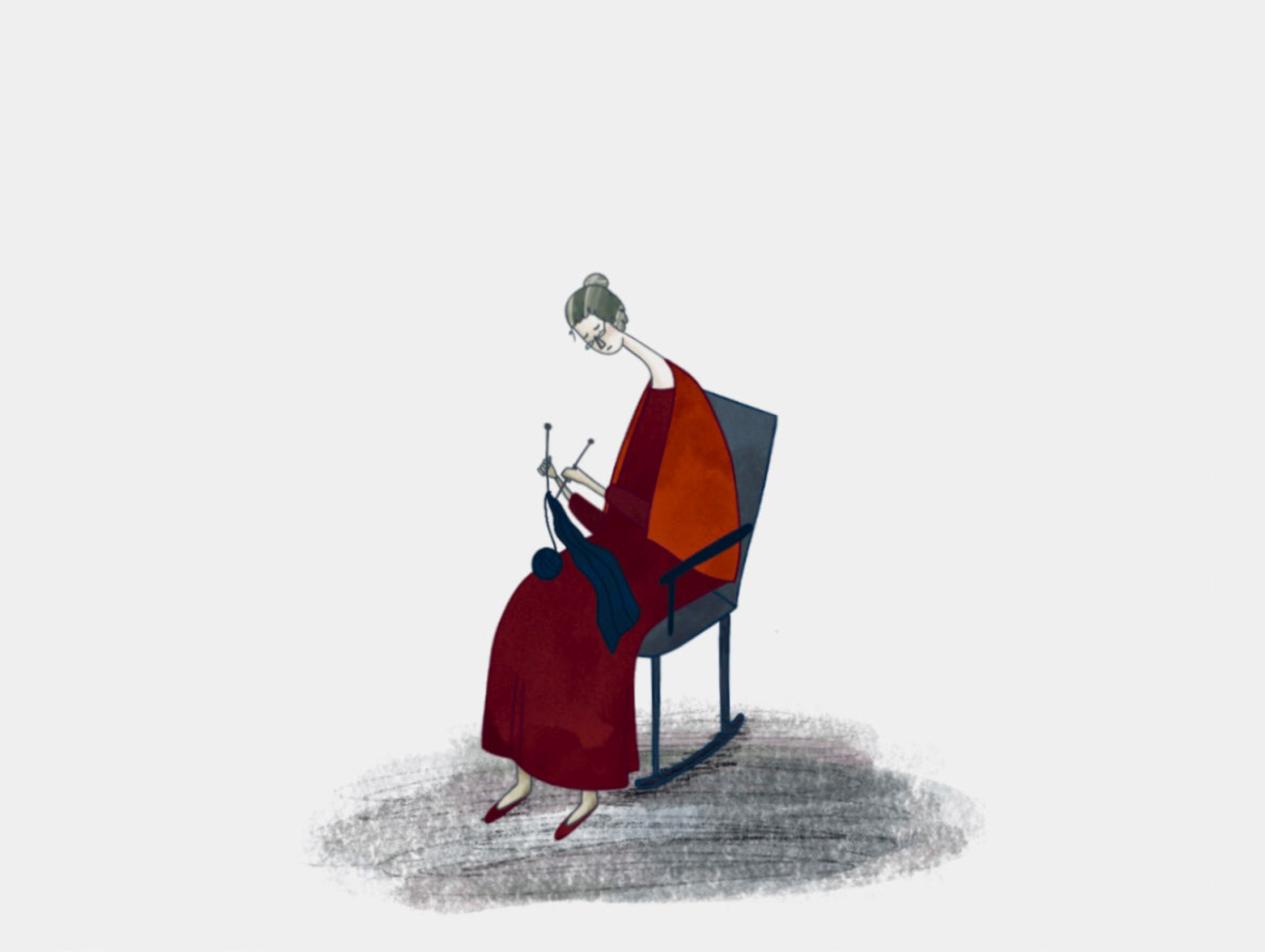 Illustration of a lady knitting on a rocking chair, from a short animation