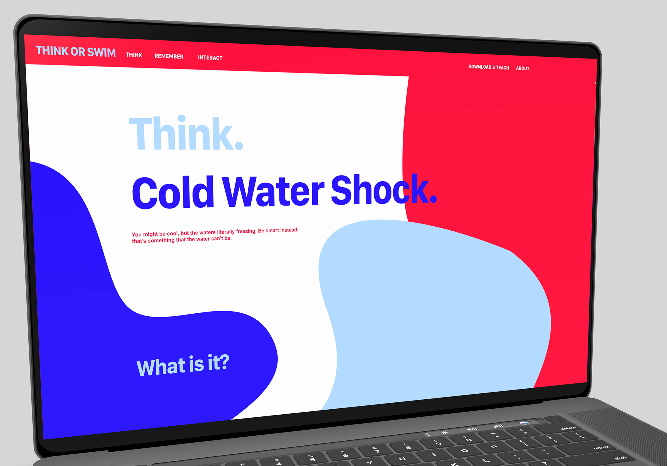 Mock-up presenting screen design with Think: Cold Water Shock typography