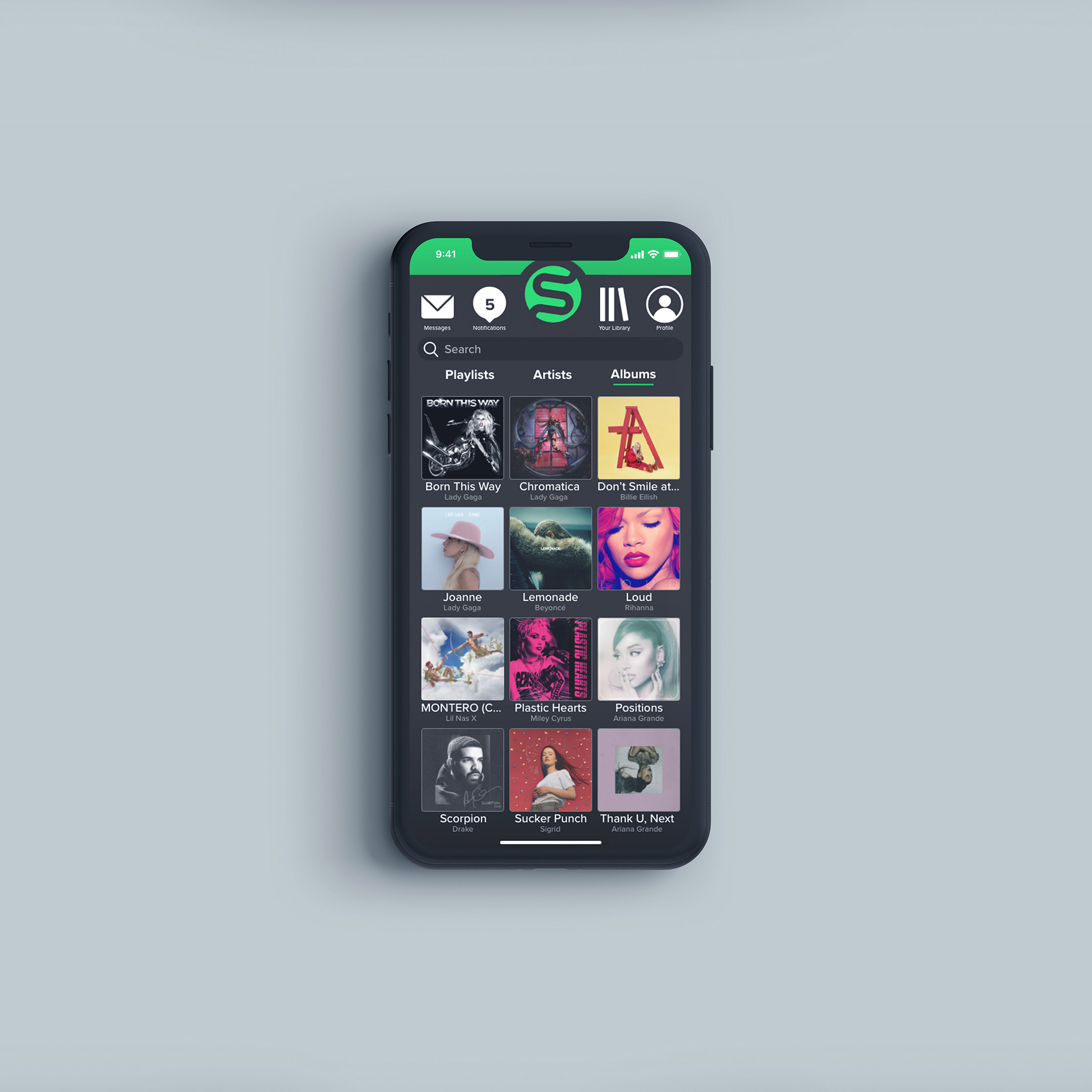 Mock-ups presenting a mobile app screen design, album menu
