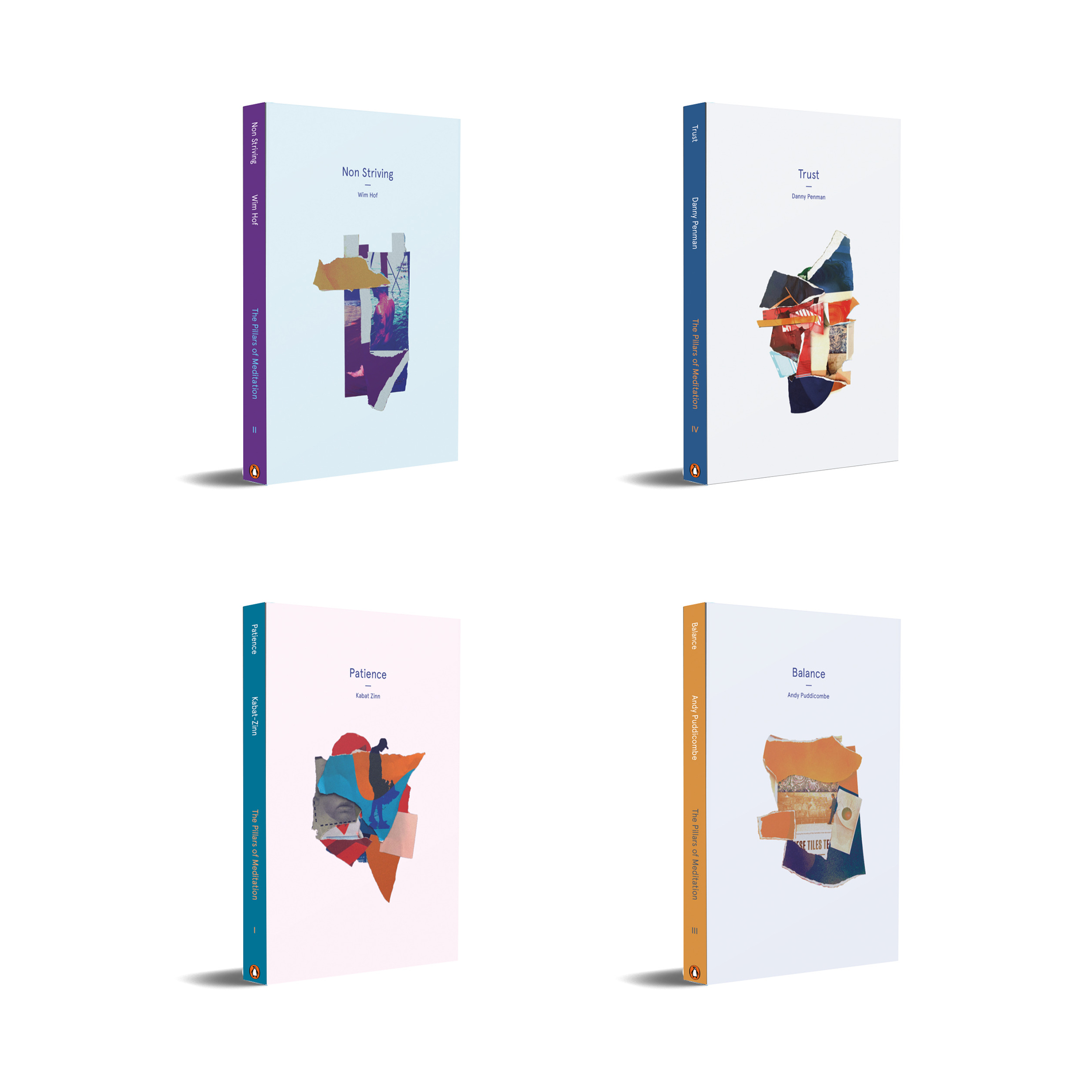 Mock-up of 4 book cover designs, featuring montage illustration