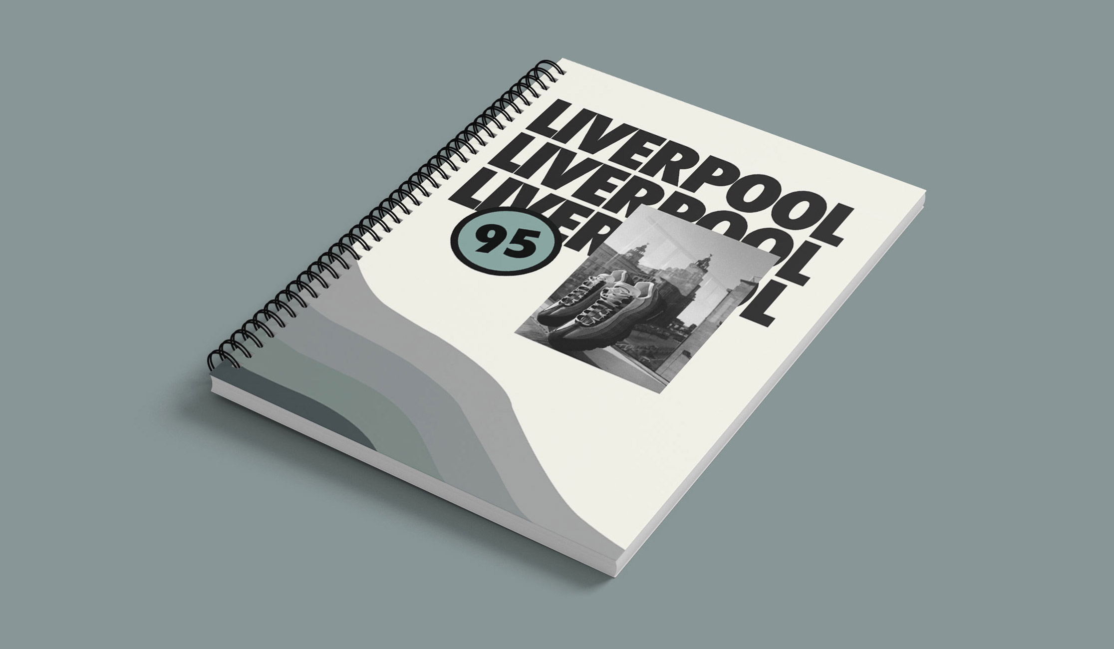 Mock-up of a publication, showing cover art of Nike 95 trainers and Liverpool typography