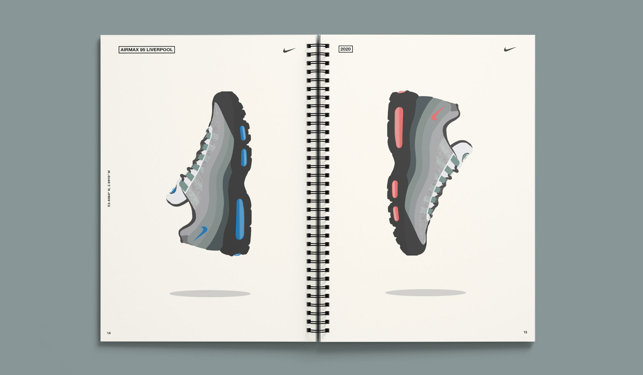 Publication spread featuring illustrations of Nike 95 trainers