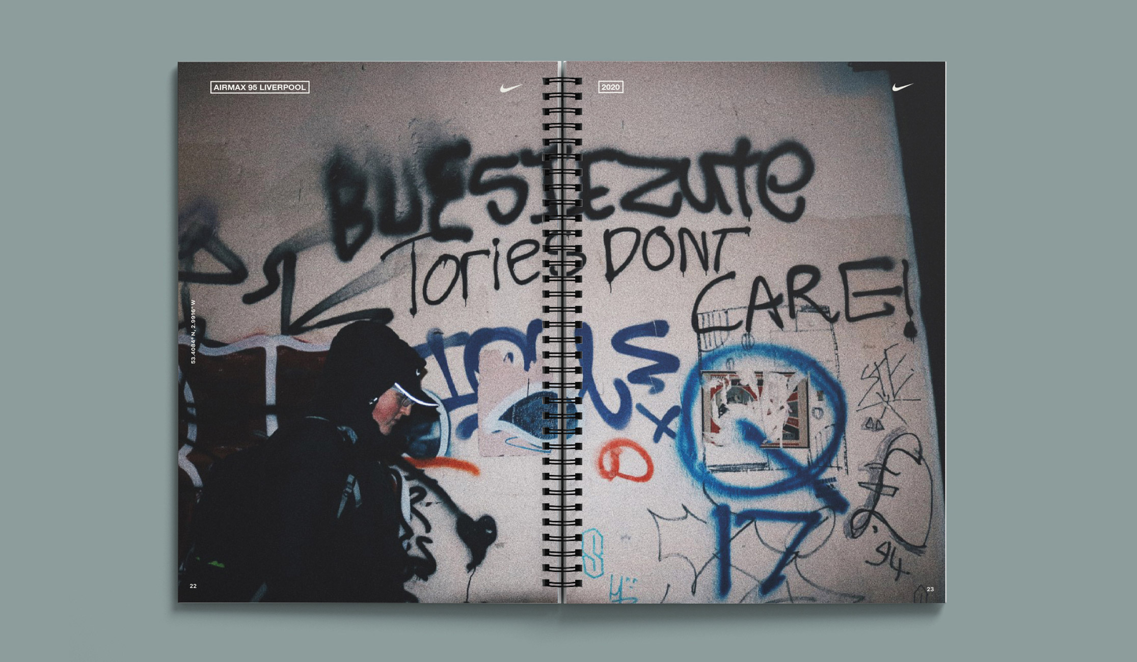 Publication spread featuring photography of graffiti