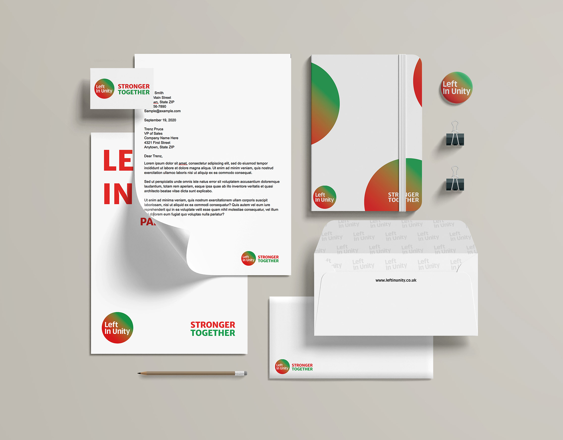 Mock-up visual identity applied to a variety of stationary items